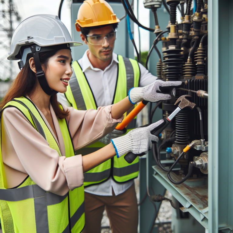 Thi công trạm biến áp với công nhân và máy móc